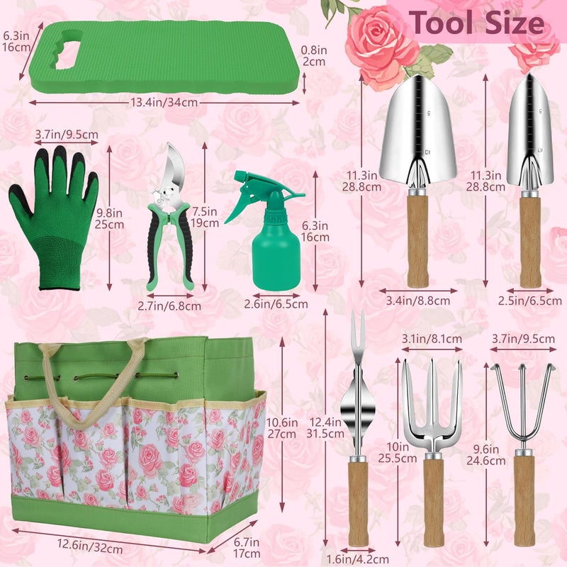 LeMotech Garden Tools Set, 10-Piece Heavy Duty Garden Hand Tools Kit with Wooden Handle, Durable Organizer Bag for Garden Supplies, Gardening Gifts for Women Grandmother, Pink Floral Pattern - Image 4